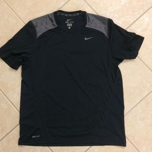 Dark blue dry fit T with gray shoulder insert